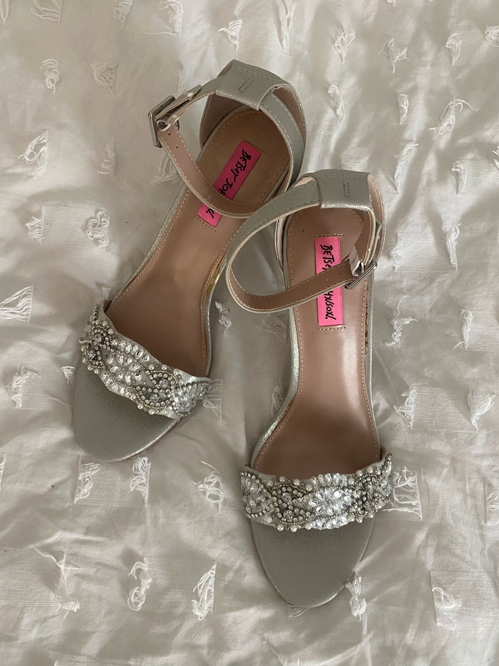 Betsey Johnson Silver Crystal-Embellished Open Toe Ankle-Strap Heels
